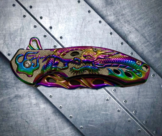 Falcon Knife Dragon Knife Rainbow Coated Sculpture 8” Tactical Spring Assisted Open EDC Blade Folding Pocket knife