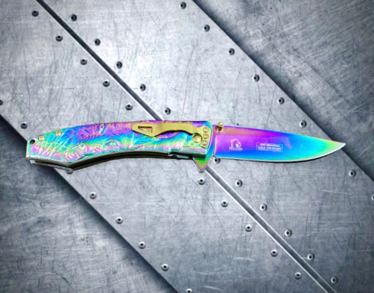 Falcon Knife Rainbow Wolf Engraved 8.5” Tactical Spring Assisted Folding Pocket knife