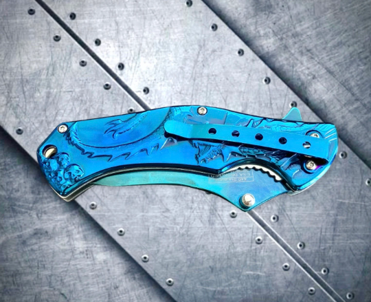 Falcon Knife Blue Dragon 3D Sculpture Tactical Spring Assisted Folding Pocket Knife