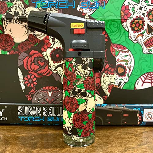 Pack of 4 Assorted Colors Sugar Skull Torch Lighters Butane, Kitchen Lighter, Candle Lighter, Camping Lighter, BBQ Lighter, Windproof Lighters, Refillable Lighters, Multipurpose Lighters