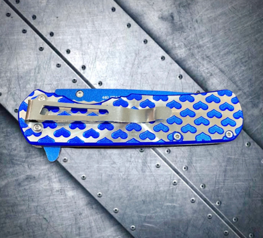 S-TEC Blue 8” 3D Valentine’s Heart Engraving Spring Assisted Open Blade EDC Folding Pocket Knife