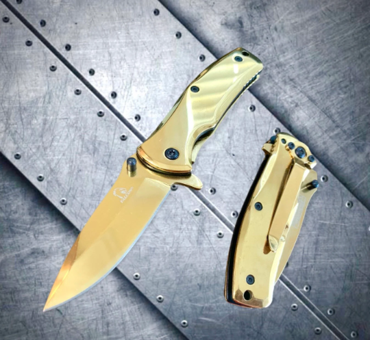 Falcon Knife Gold Titanium Small 6” Pocket Knife. Spring Assisted Open Folding Knife