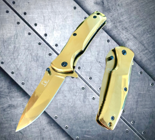 Falcon Knife Gold Titanium Small 6” Pocket Knife. Spring Assisted Open Folding Knife