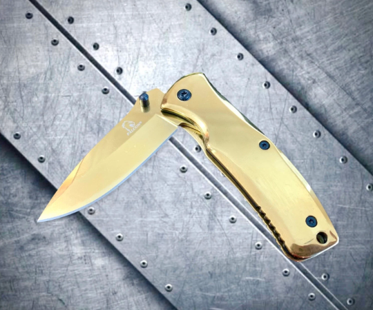 Falcon Knife Gold Titanium Small 6” Pocket Knife. Spring Assisted Open Folding Knife