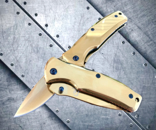 Falcon Knife Gold Titanium Small 6” Pocket Knife. Spring Assisted Open Folding Knife