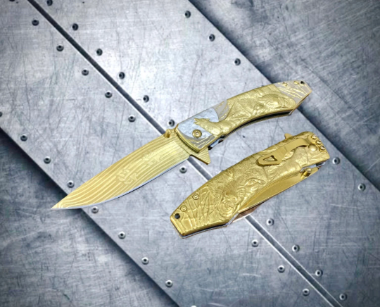 Falcon Knife Gold Wolf Engraved 8.5” Tactical Spring Assisted Folding Pocket knife