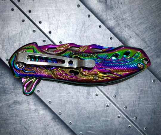 Falcon Knife Dragon Knife Rainbow Coated Sculpture 8” Tactical Spring Assisted Open EDC Blade Folding Pocket knife