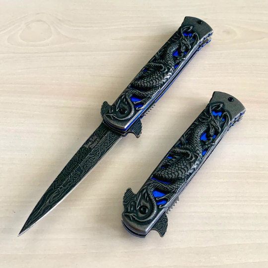 DarkSide Blades 8.75” Dragon Engraved Blue Stiletto Knife Tactical Spring Assisted Open Blade Folding Pocket knife