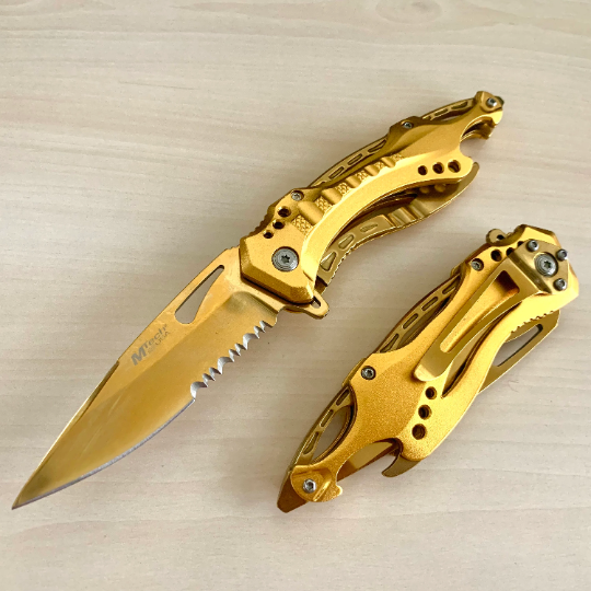 MTech 8.25” Gold Tactical Spring Assisted Open Blade Folding Pocket knife with Bottle Opener