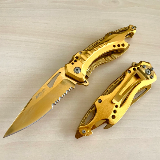 MTech 8.25” Gold Tactical Spring Assisted Open Blade Folding Pocket knife with Bottle Opener