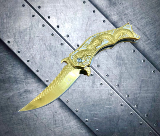 Falcon Knife 8” Collectible Knife Gold 3D Dragon Ball Carve. Karambit Knife