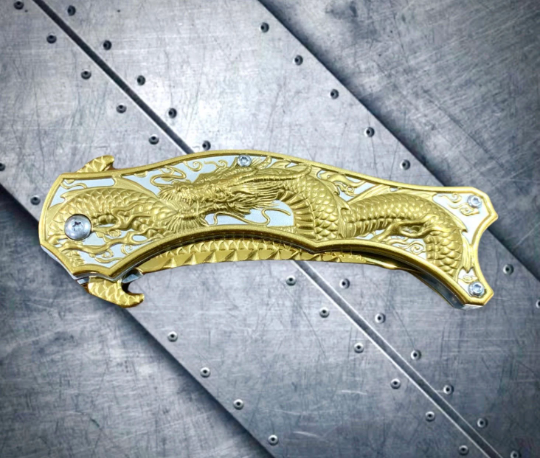 Falcon Knife 8” Collectible Knife Gold 3D Dragon Ball Carve. Karambit Knife