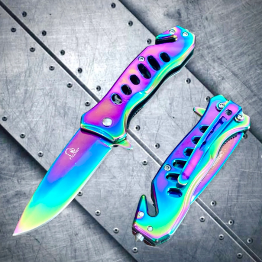 Falcon Knife 6.75” Rainbow Coated Tactical Spring Assisted Open Blade Folding Pocket knife