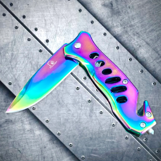 Falcon Knife 6.75” Rainbow Coated Tactical Spring Assisted Open Blade Folding Pocket knife