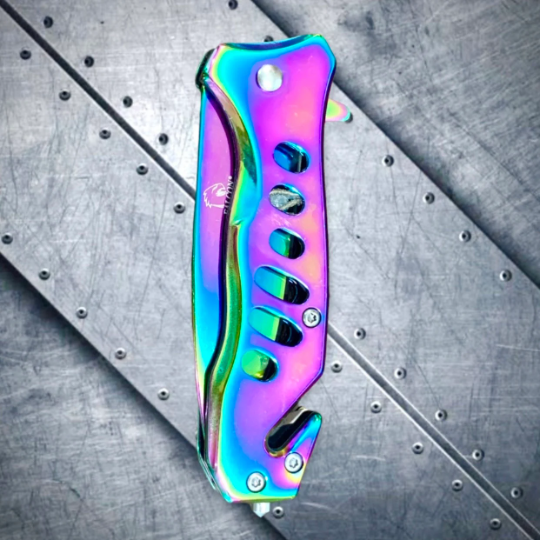 Falcon Knife 6.75” Rainbow Coated Tactical Spring Assisted Open Blade Folding Pocket knife