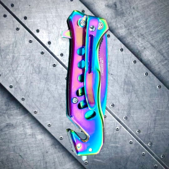 Falcon Knife 6.75” Rainbow Coated Tactical Spring Assisted Open Blade Folding Pocket knife