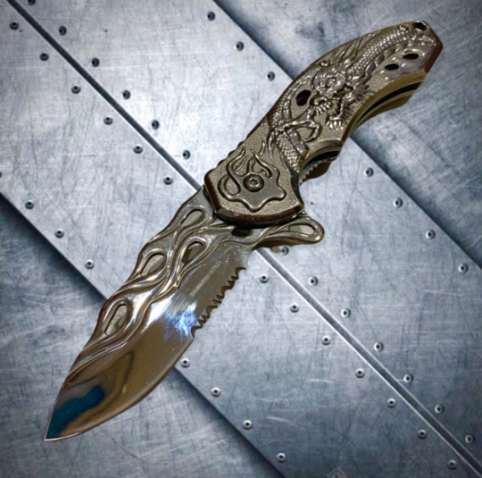 Falcon Knife Dragon Knife Silver Coated Sculpture 8” Tactical Spring Assisted Open EDC Blade Folding Pocket knife