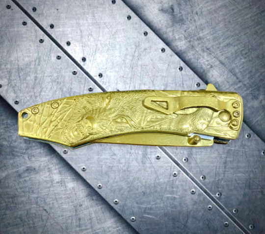 Falcon Knife Gold Wolf Engraved 8.5” Tactical Spring Assisted Folding Pocket knife