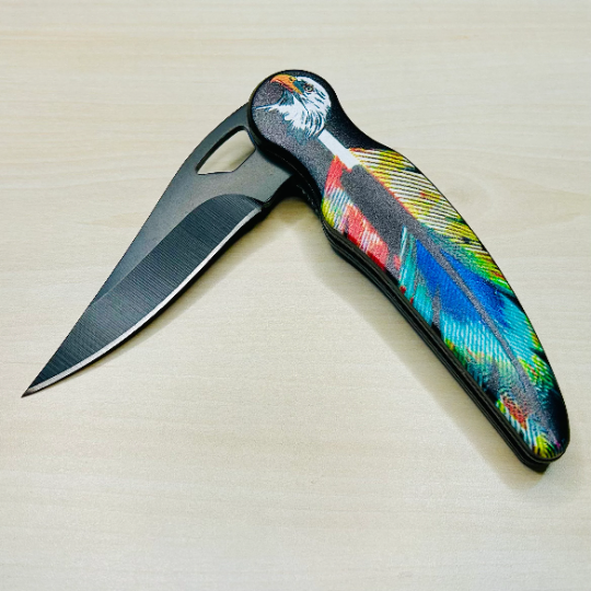 ElitEdge 8” Rainbow Feather Cute Tactical Spring Assisted Open Blade Folding Pocket knife