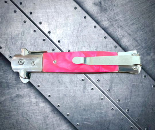 Pink Stiletto Black Stainless Steel Blade  Abs Steel Handle 7.25 inch Edc  Folding Knife